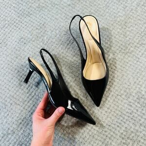 Vintage NINE WEST Black Patent Leather Slingback Kitten Heels Pointed Toe 10
